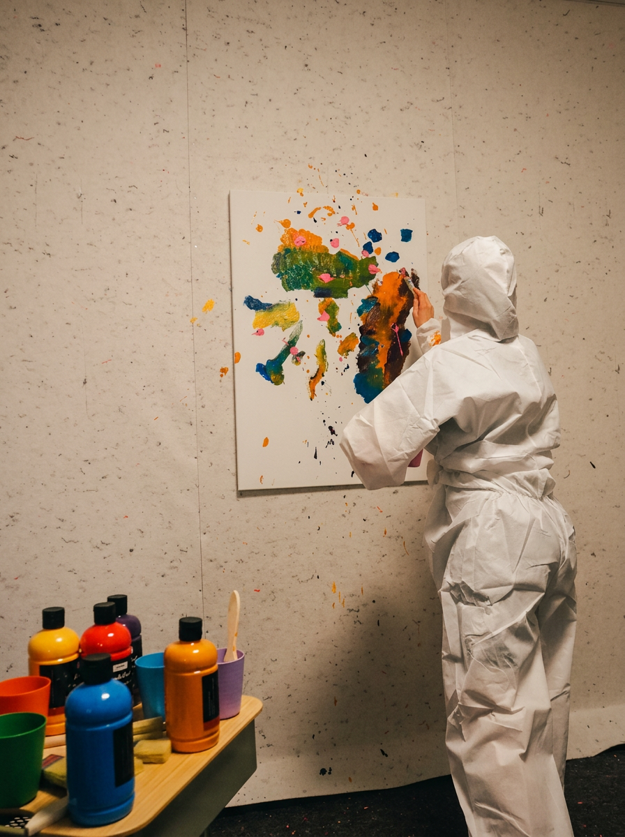 Person im weißen Schutzanzug beim Action Painting mit Farbtöpfen im Vordergrund