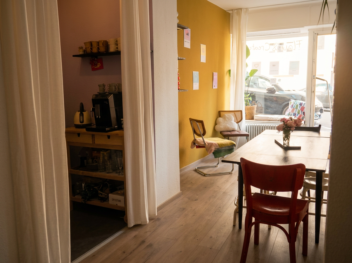 Gemütlicher Aufenthaltsraum bei Viva Colorida mit ockergelber Wand, Holztisch und viel Tageslicht