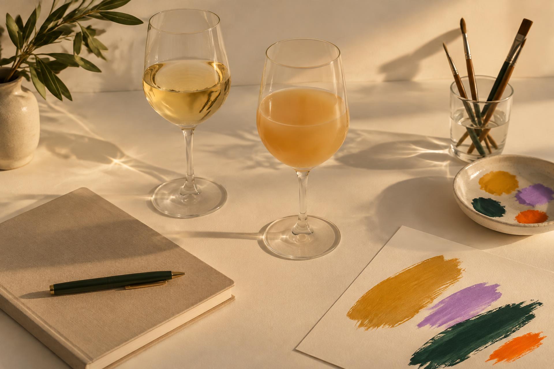 Gläser, Notizbuch und Kerzenlicht auf einem Holztisch im Atelier