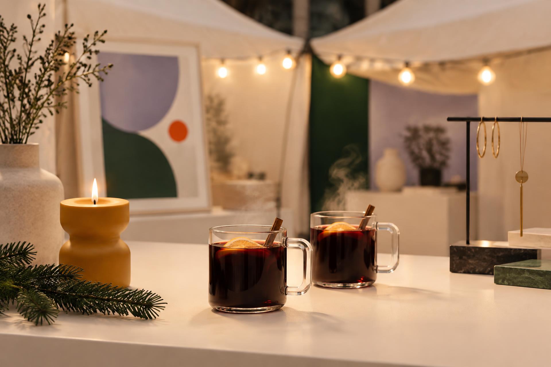 Moderner Wintermarkt mit Glühwein und warmen Lichtern